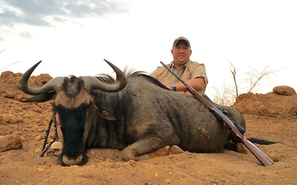 Hunter with a blue wildebeest bull taken on red Limpopo soil, South Africa