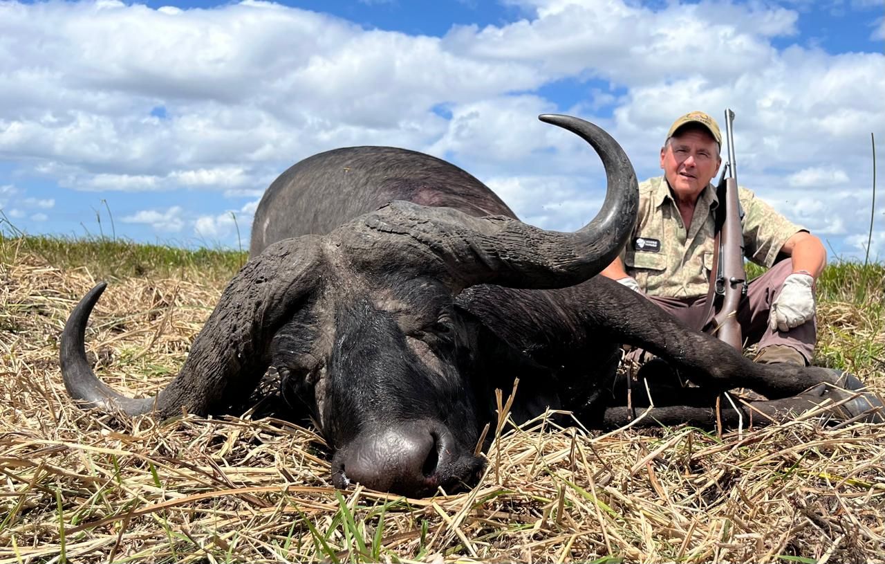 Hunter with a Cape buffalo bull taken in dry Delta grass, Mozambique
