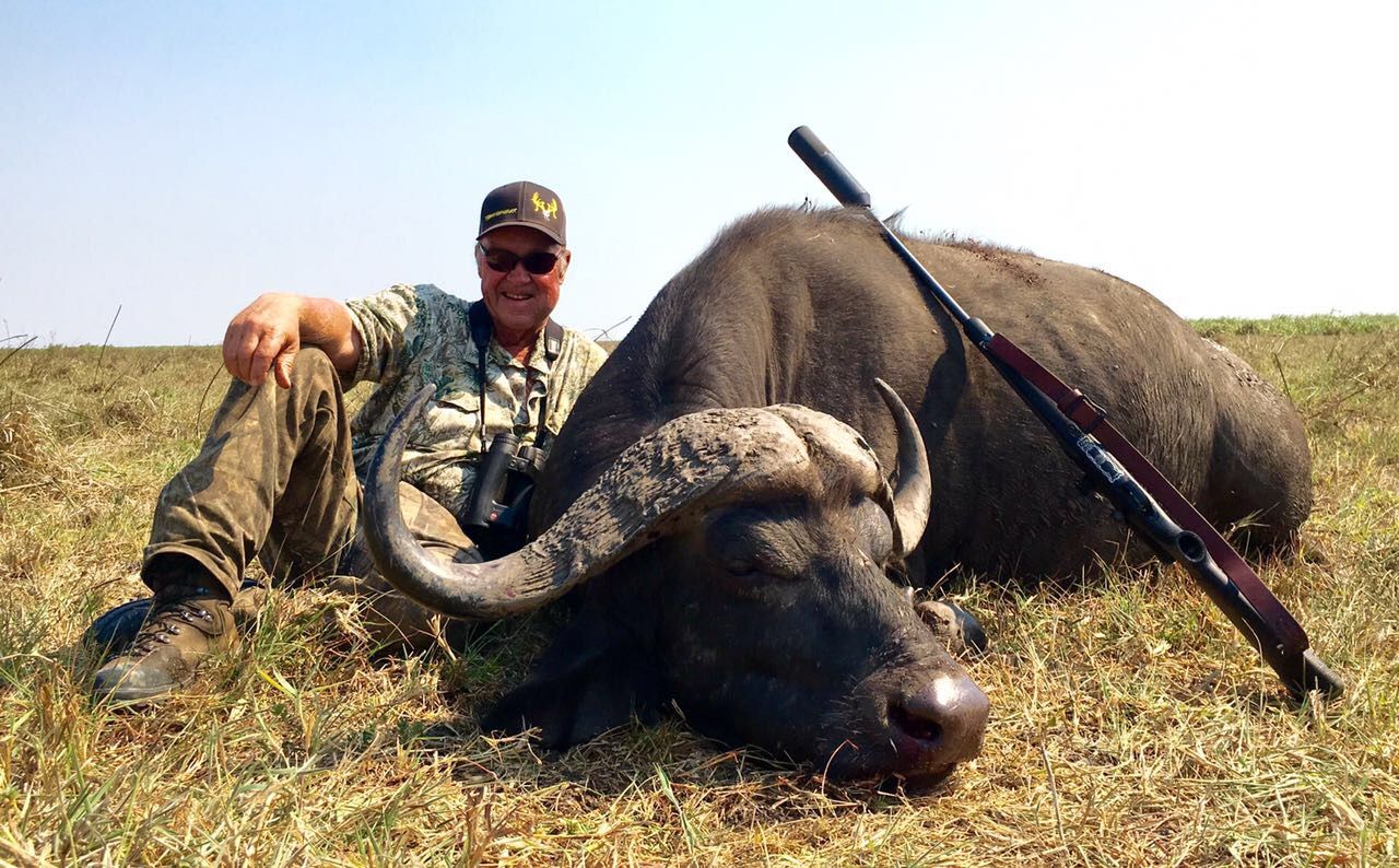Hunting client seated beside a Cape buffalo bull with his rifle, Zambezi Delta, Mozambique