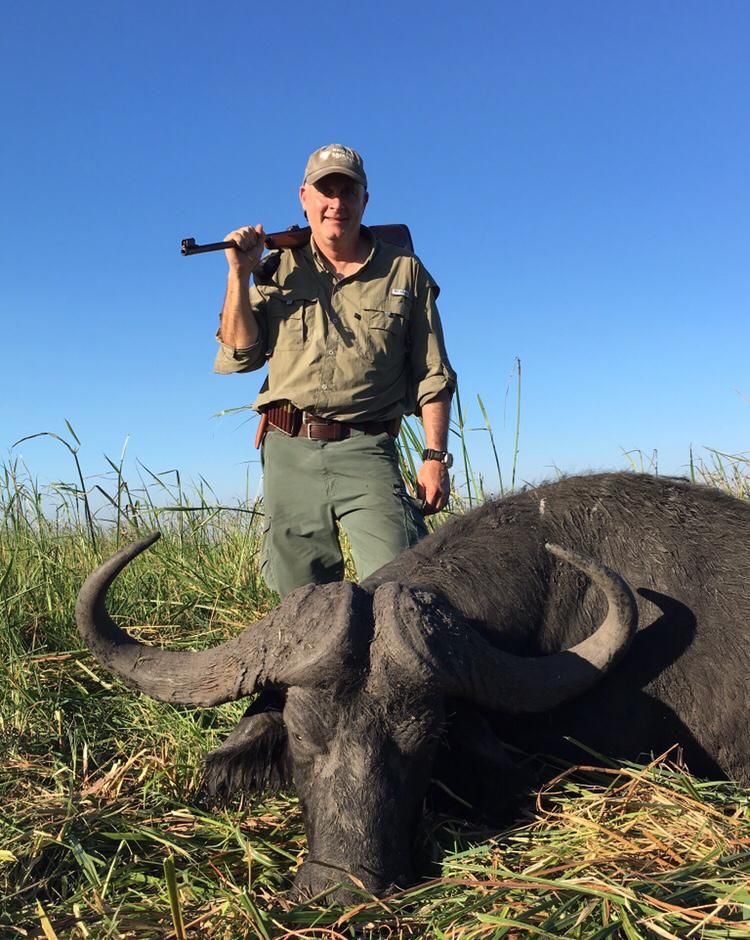 Hunter standing over a Cape buffalo bull in tall grass, Zambezi Delta, Mozambique