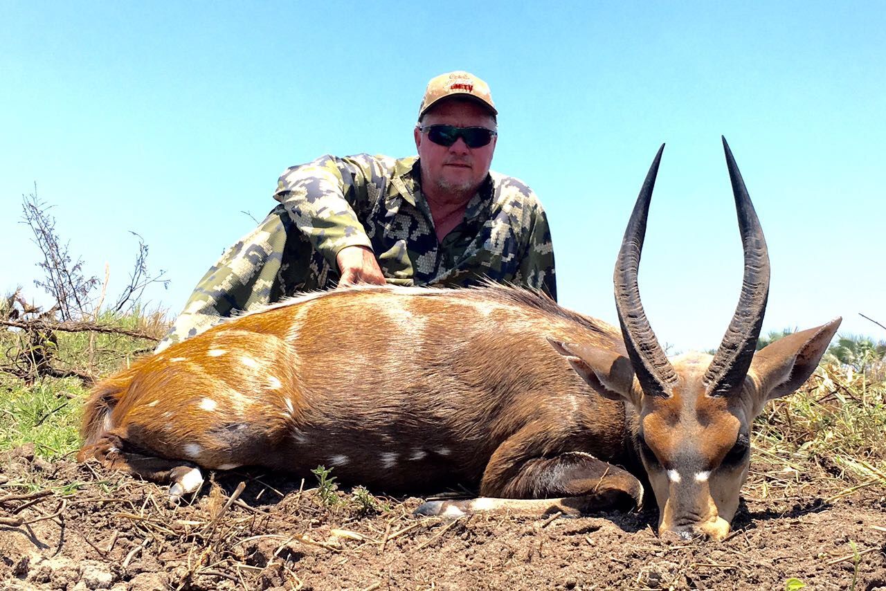 Hunting client with a bushbuck ram taken on sandy ground, Zambezi Delta, Mozambique