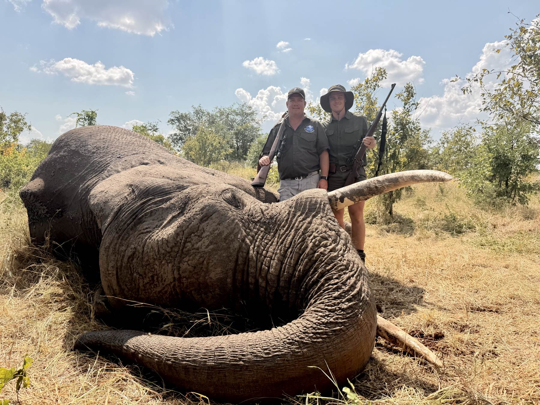 Hunting party with an elephant bull taken in Zimbabwe