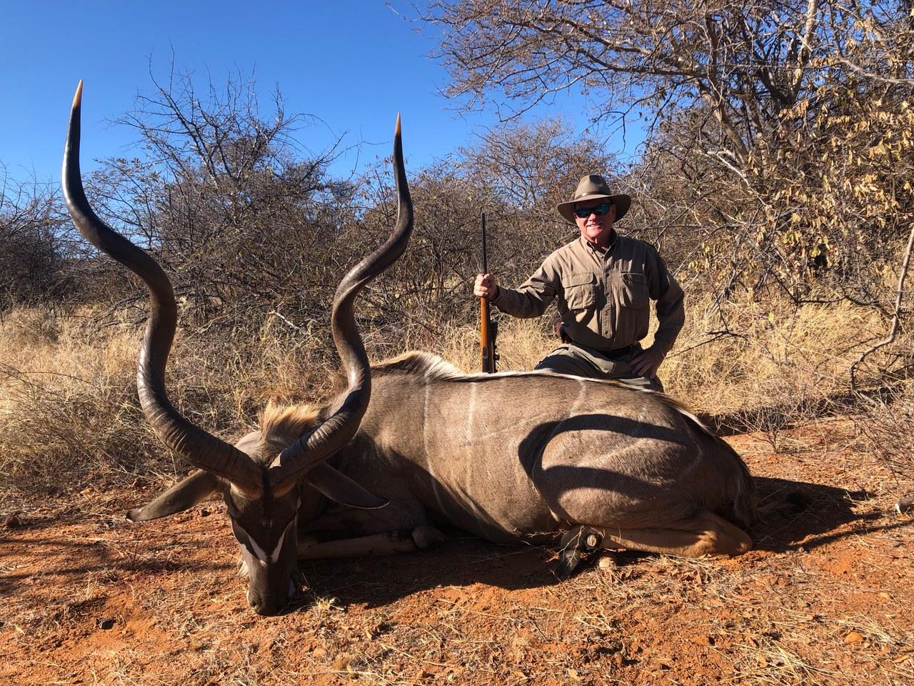 Hunting client with a wide-horned kudu bull taken in Limpopo, South Africa