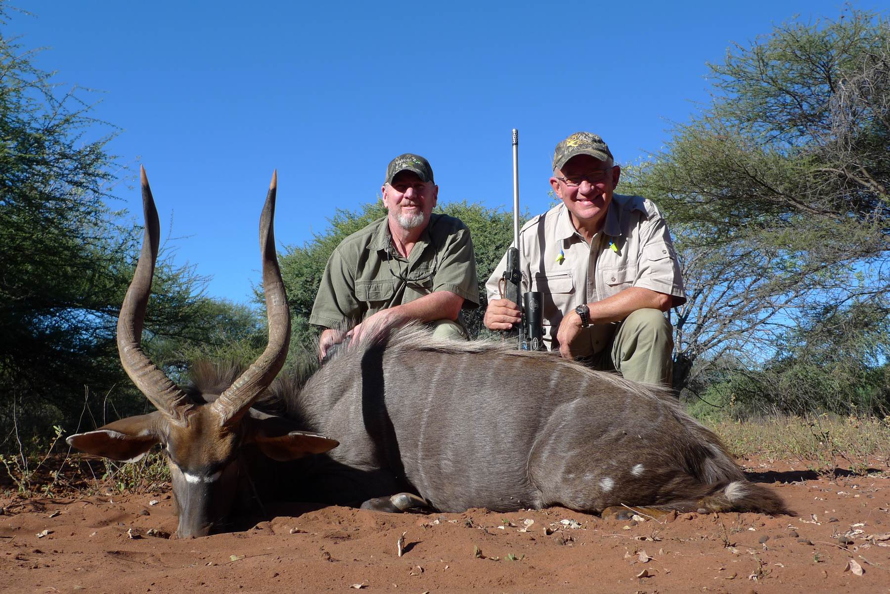 Two hunting clients with a nyala bull taken in Limpopo, South Africa