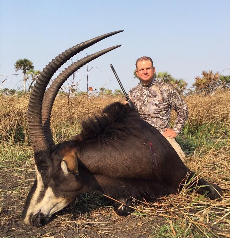 Hunting client with a long-horned sable bull taken in the Zambezi Delta, Mozambique