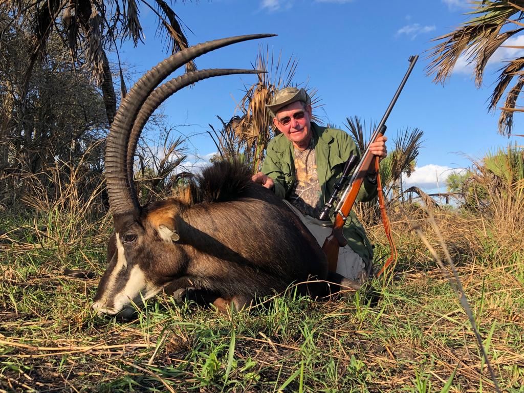 Hunting client with a sable bull taken in palm savanna, Zambezi Delta, Mozambique