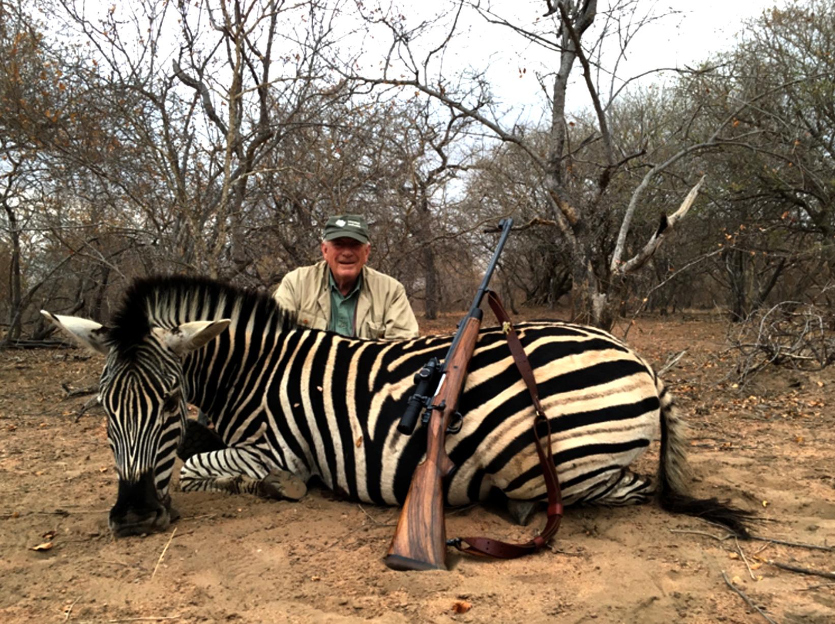 Hunter with a Burchell's zebra taken in winter bush, Zimbabwe