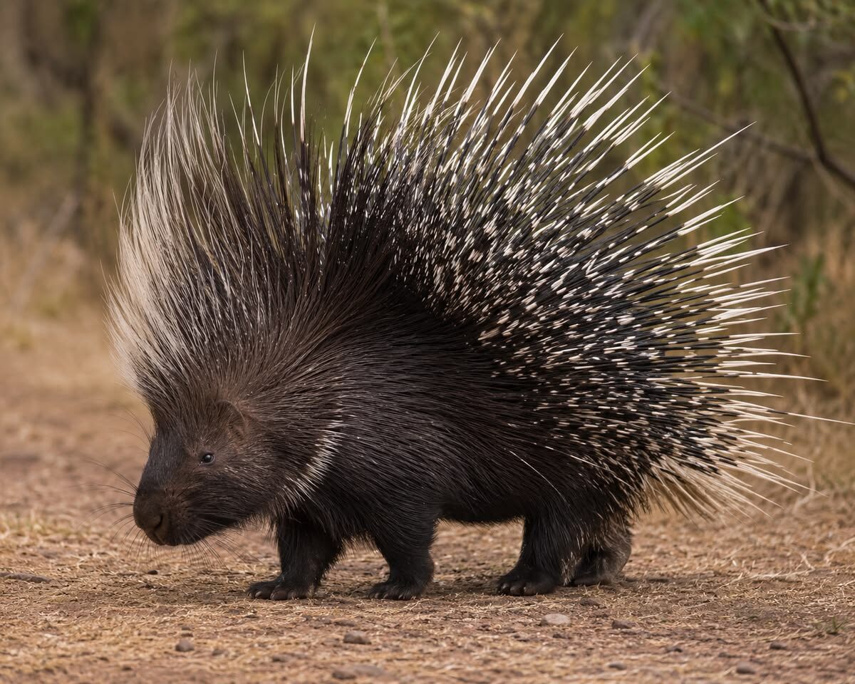 Cape porcupine on a bush track with its quills raised, showing the black-and-white banded defensive armour